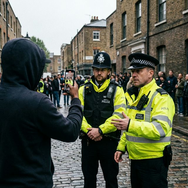 Reporter using smartphone with UK police